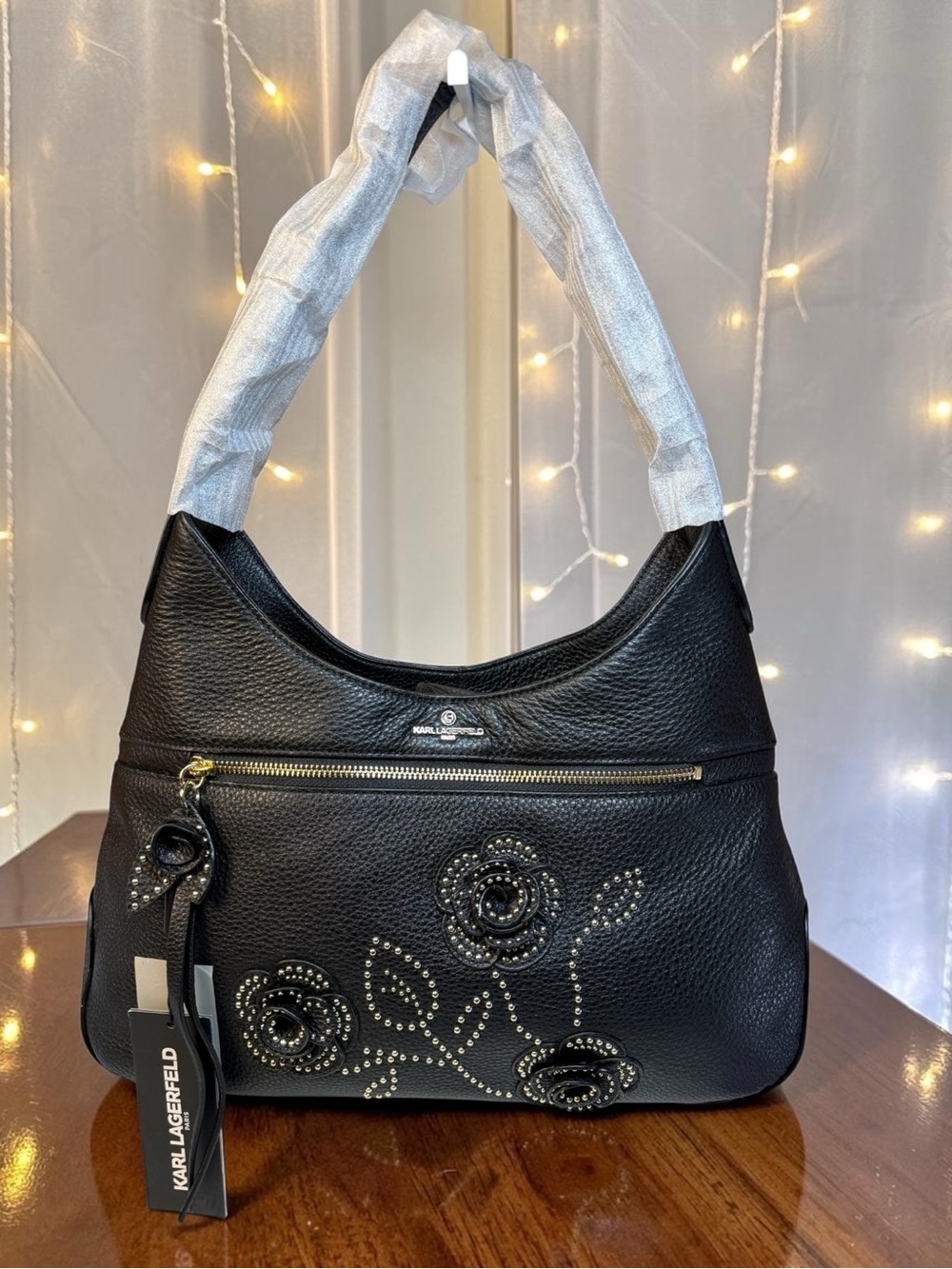 Karl Lagerfeld Paris Studded Floral Leather Shoulder Bag NWT Black - So Soft! - Picture 4 of 12